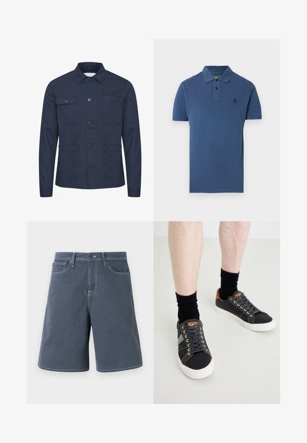Chaqueta de botón color azul marino hecha de tela suave, con dos bolsillos en el pecho y dos bolsillos frontales. Diseño minimalista con cuello.; Polo azul de manga corta con dos botones negros y un pequeño logo oscuro en el pecho izquierdo, presentado sobre un fondo blanco.; Pantalones cortos azul oscuro de algodón con costuras blancas, cinco bolsillos y un cierre de botón en la cintura. Diseño de pierna recta, con un detalle mínimo.; Zapatillas de lona grises con suelas de goma blancas, cordones negros y detalles de cuero marrón en el talón, acompañadas de calcetines negros de canalé.