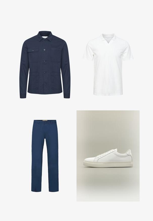 Veste boutonnée bleu marine en tissu doux, avec deux poches poitrine et deux poches frontales. Design minimaliste avec un col.; Polo blanc à manches courtes avec un design à col en V, fabriqué en tissu doux ; présente un logo discret sur la poitrine. Texture lisse, coupe décontractée.; Pantalon en coton bleu marine avec une coupe droite, doté d'une fermeture à boutons à l'avant et de poches latérales visibles. Texture lisse.; Baskets blanches basses à lacets sur l’avant et semelle épaisse, vues de côté sur un fond neutre.
