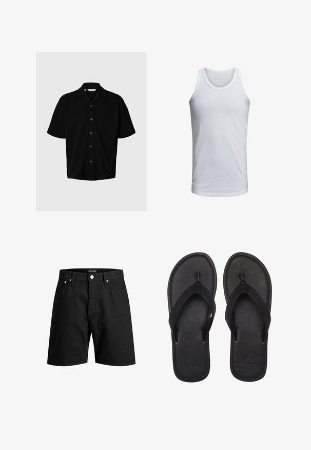 Schwarzes Kurzarmhemd mit Knopfleiste, Camp-Kragen, fünf sichtbaren Knöpfen und lockerem Sitz auf hellgrauem Hintergrund.; Weißes Baumwoll-Tanktop mit Rundhalsausschnitt, breiten Trägern und minimalem Branding, das innen am Kragen aufgedruckt ist. Weicher Stoff, lässige Passform.; Schwarze Jeansshorts mit Fronttaschen, Gürtelschlaufen, Knopfverschluss und einem Jack & Jones Etikett im inneren Taillenbund.; Schwarze Flip-Flops aus glattem Material, mit einem Riemen im Zehensteg-Stil, strukturiertem Fußbett und geprägtem Logo auf der Sohle.