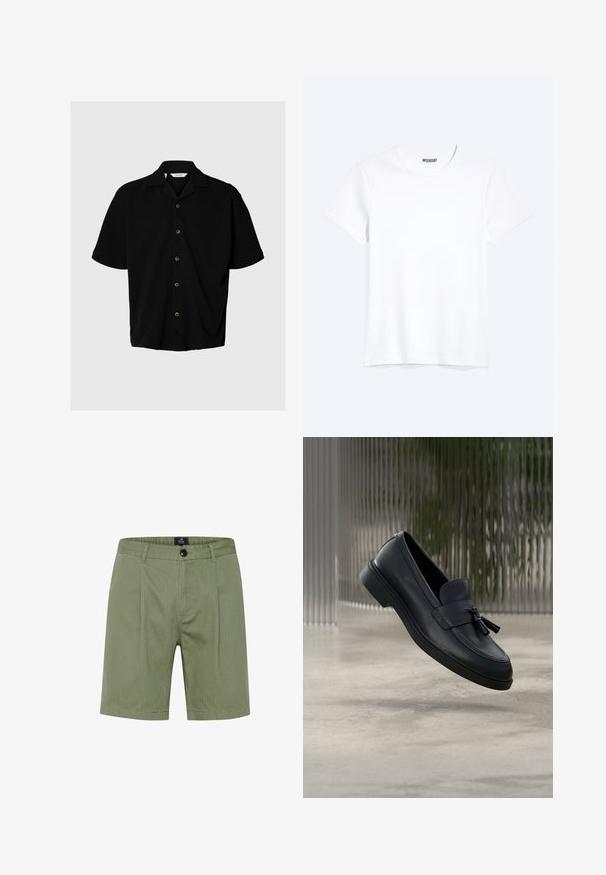 Schwarzes Kurzarmhemd mit Knopfleiste, Camp-Kragen, fünf sichtbaren Knöpfen und lockerem Sitz auf hellgrauem Hintergrund.; Schlichtes weißes T-Shirt mit kurzen Ärmeln und Rundhalsausschnitt mit gut sichtbarem WEEKDAY-Label am Kragen, dargestellt auf hellem Hintergrund.; Olivgrüne Shorts mit maßgeschneidertem Design, mit Knopfverschluss, Vordertaschen und dezenten senkrechten Streifen aus einem weichen, strukturierten Stoff.; Schwarze Leder-Loafer mit glatter Textur, gerundeter Zehenpartie und dekorativen Quasten vorne. Flexible Gummisohle mit niedrigem Absatz.