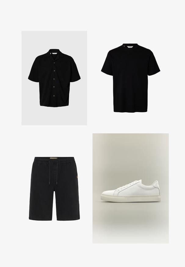 Chemise noire à manches courtes avec boutons, col camp, cinq boutons visibles et coupe décontractée sur fond gris clair.; T-shirt noir à manches courtes avec col rond et design uni, présenté sur fond blanc.; Shorts noirs avec cordon de serrage, taille élastique, deux poches latérales et une petite étiquette de marque sur la jambe droite. Matière en coton.; Baskets blanches basses à lacets sur l’avant et semelle épaisse, vues de côté sur un fond neutre.