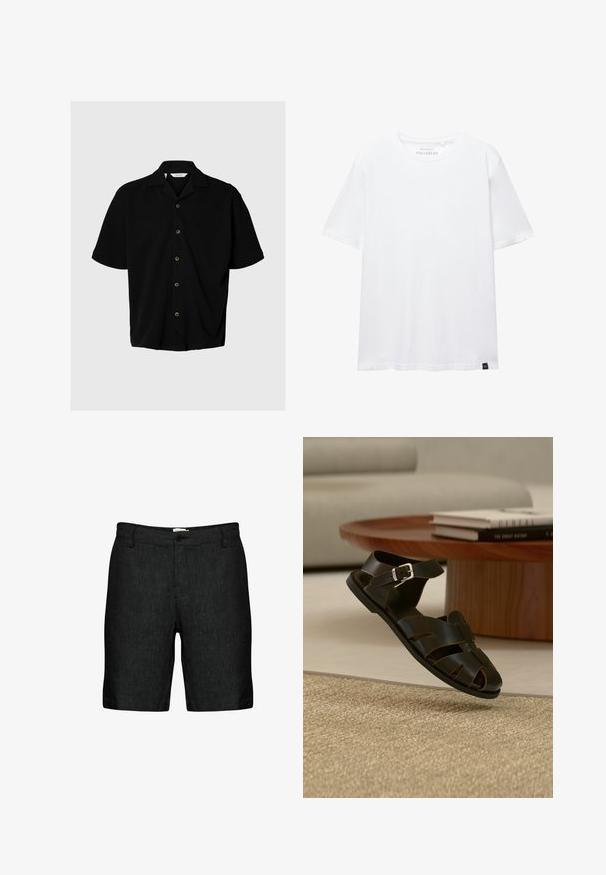 Zwart overhemd met korte mouwen met knopen, kampkraag, vijf zichtbare knopen en een losse pasvorm op een lichtgrijze achtergrond.; Witte T-shirt met korte mouwen, regular fit, ronde hals en klein zwart stoffen label aan de onderzoom.; Zwarte linnen shorts met een vlakke voorkant, riemlussen en een enkele knoopsluiting. Ze hebben een gestructureerde stof en licht toegespitste broekspijpen.; Zwarte leren sandaal met gespbandje die boven een beige tapijt zweeft bij een houten ronde salontafel met opgestapelde boeken.