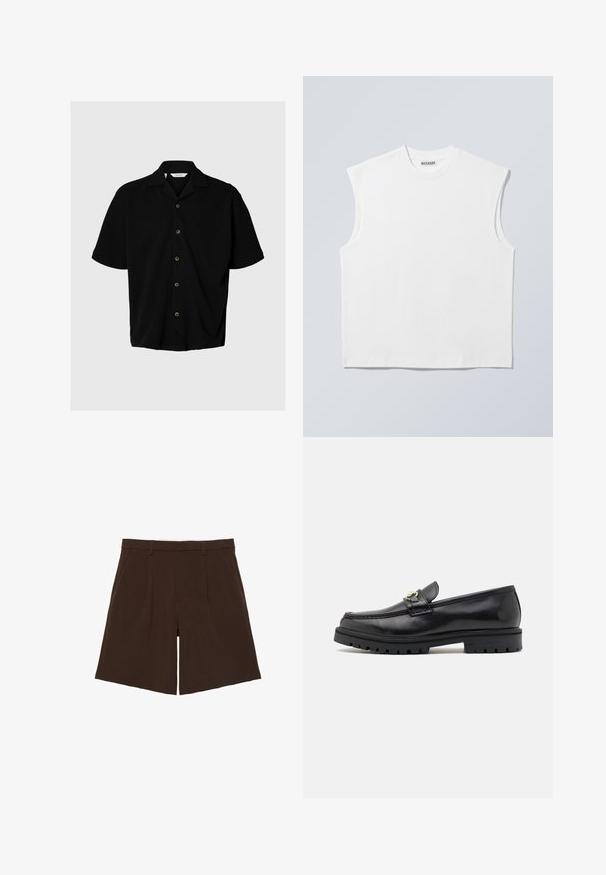 Chemise noire à manches courtes avec boutons, col camp, cinq boutons visibles et coupe décontractée sur fond gris clair.; Haut blanc sans manches en coton à col rond avec épaules structurées, marqué "WEEKDAY" sur l'étiquette du col, présenté sur un fond gris clair.; Shorts marron foncé coupés au genou, cintrés avec passants de ceinture et plis sur le devant, présentés à plat sur fond blanc.; Mocassins en cuir noir avec une finition lisse, bout rond, une sangle décorative avec des accessoires en or, et une semelle noire robuste.