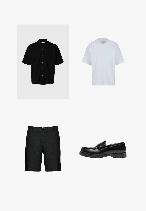 Schwarzes Kurzarmhemd mit Knopfleiste, Camp-Kragen, fünf sichtbaren Knöpfen und lockerem Sitz auf hellgrauem Hintergrund.; Weißes Baumwoll-T-Shirt mit rundem Halsausschnitt, kurzen Ärmeln und geradem Schnitt. Verfügt über dezente Nähte an den Schultern.; Schwarze Leinen-Shorts mit flachem Vorderteil, Gürtelschlaufen und einem einzelnen Knopfverschluss. Sie verfügen über einen strukturierten Stoff und leicht tapered Beine.; Schwarzer Leder-Slipper mit dicker Gummisohle und klassischem Penny-Detail an der Riemen, von der Außenseite gezeigt.