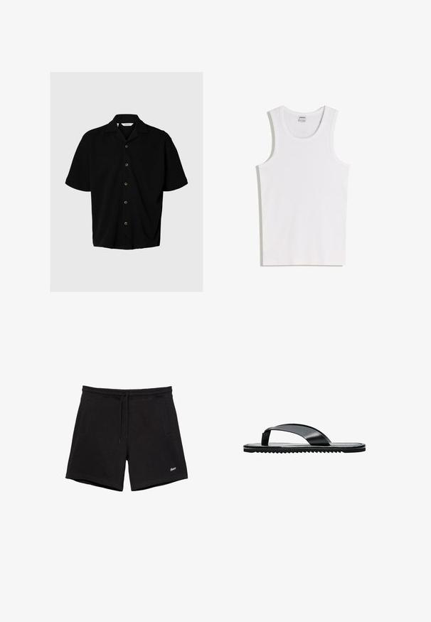 Chemise noire à manches courtes avec boutons, col camp, cinq boutons visibles et coupe décontractée sur fond gris clair.; Débardeur blanc en coton avec un col rond et de larges bretelles. Texture lisse, sans motifs ni accents, design simple.; Shorts noirs décontractés avec une ceinture élastique, un cordon de serrage, deux poches latérales et un petit logo blanc brodé sur la jambe gauche.; Sandale tongs plates noires avec une large bride d’orteil et une semelle texturée, vue de profil sur fond blanc.