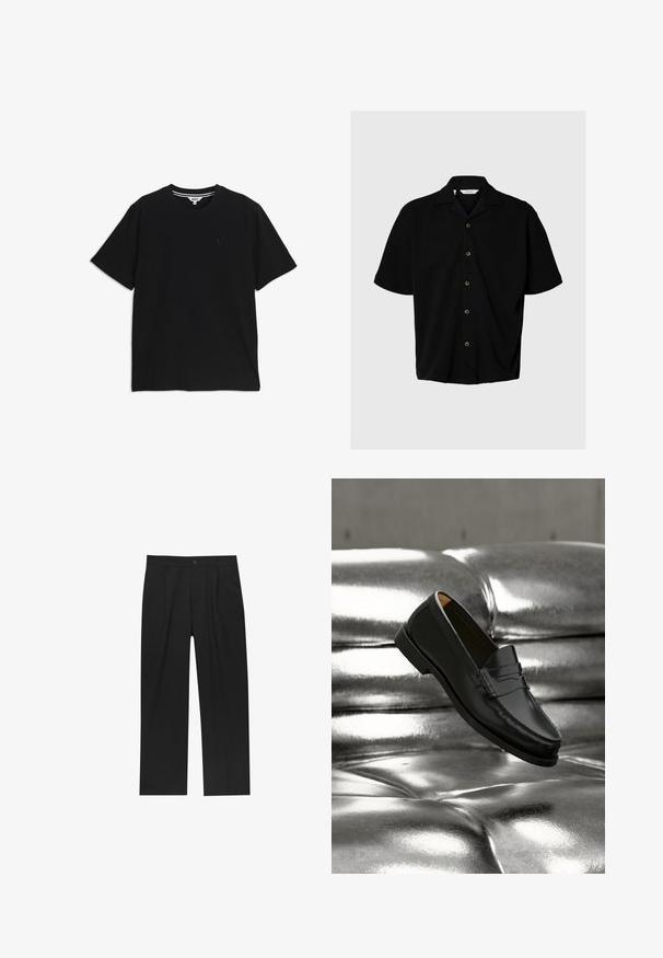 Chemise noire à manches courtes avec boutons, col camp, cinq boutons visibles et coupe décontractée sur fond gris clair.; T-shirt noir à manches courtes et col rond, avec un petit logo brodé sur le côté gauche de la poitrine et une étiquette intérieure rayée au niveau du col.; Pantalons noirs au design droit, fabriqués à partir d'un tissu lisse. Dotés de plis sur le devant et d'une fermeture à un bouton à la taille.; Mocassin en cuir noir flottant au-dessus d'un canapé en cuir argenté brillant matelassé à boutons dans un décor minimaliste.