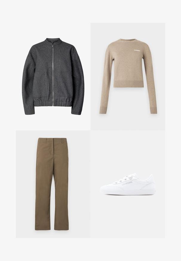 Grå uld bomberjakke med rund krave, lynlås foran, to sidelommer og elastisk talje og mansjetter.; Beige strikket sweater med lange ærmer, rund halsudskæring, ribbede manchetter og kant, med lille hvid tekstlogo på forsiden.; Brune lige ben bukser lavet af blandingsbomuldsstof. Har bæltesløjfer, en forlommeslids og en glat overflade uden mønstre.; Hvide atletiksneakers med læderoverdel, snøredesign og præget logo på siden. Flad gummisål med tekstureret detalje.