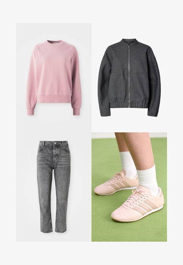 Graue Wollbomberjacke mit rundem Kragen, Reißverschluss vorne, zwei Seitentaschen sowie elastischem Bund und Bündchen.; Helles rosa Sweatshirt mit Rundhalsausschnitt und Raglanärmeln, gerippten Bündchen und Saum, aus weichem Stoff gefertigt. Mit einem kleinen Logo-Tag an der Seite.; Graue Jeans aus Denim mit hoher Taille und geradem Bein, ausgestattet mit Fronttaschen und einem kleinen Metallknopfdetail am Bund.; Helle rosa Sportschuhe mit schrägen Nähten, weißen Sohlen und drei seitlichen Streifen. Getragen mit gestreiften weißen Socken auf grünem Untergrund.