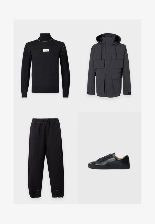 Veste à capuche gris foncé avec col montant, cordons ajustables, fermeture éclair avant recouverte d'un rabat, et quatre grandes poches à rabat.; Pull noir à col roulé manches longues avec des coutures blanches sur les épaules et un petit patch logo rectangulaire blanc sur la poitrine.; Pantalon de jogging noir avec taille et poignets élastiques, coupe slim, détails de couture discrets et petit logo blanc près des chevilles et de la cuisse.; Baskets en cuir noir avec une texture lisse, bout rond et fermeture à lacets. Comprend une semelle en caoutchouc épaisse et un minimum de détails de marque.