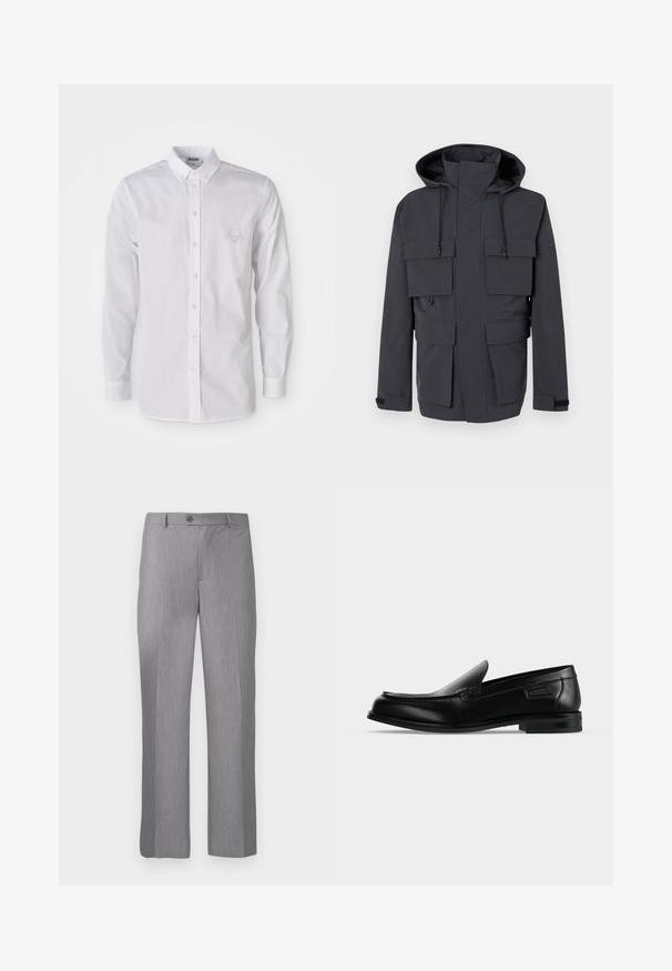 Veste à capuche gris foncé avec col montant, cordons ajustables, fermeture éclair avant recouverte d'un rabat, et quatre grandes poches à rabat.; Chemise blanche à manches longues, à col boutonné, avec un logo brodé discret sur la poitrine gauche.; Pantalons habillés gris sur mesure avec passants de ceinture, bouton frontal et braguette zippée, dotés d'une coupe droite.; Mocassin noir en cuir à enfiler avec un petit talon, un bout arrondi et des surpiqûres décoratives le long du bord supérieur.