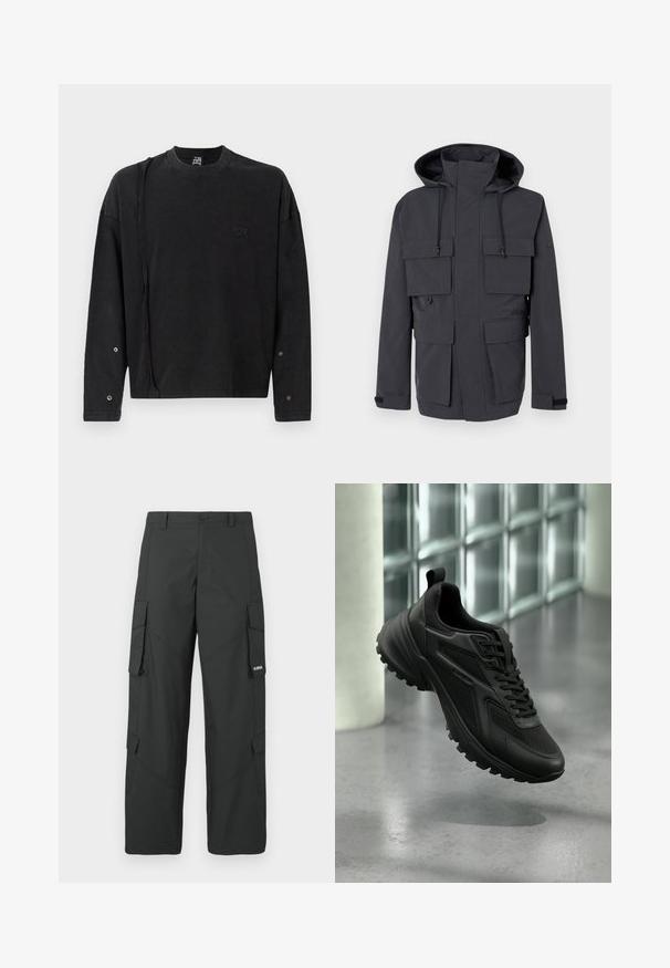 Dunkelgraue Kapuzenjacke mit hohem Kragen, verstellbaren Kordeln, einem vorderen Reißverschluss, der von einer Blende bedeckt ist, und vier großen Klappentaschen.; Schwarzer Pullover mit langen Ärmeln und Rundhalsausschnitt, mit einem dezenten Logo auf der Vorderseite und Druckknopfdetails an den Ärmeln, aus weichem Stoff gefertigt.; Schwarze gerade Cargo-Hosen mit seitlichen Klappentaschen, Druckknopfverschluss, Gürtelschlaufen und kleinem weißen Logo auf der Klappentasche rechts.; Schwarzer Sportschuh mit strukturierter Sohle und Schnürsenkeln, schwebend über einem grauen Boden vor einer Glasbausteinwand.