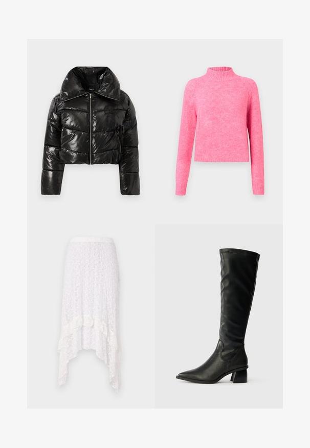 Musthave mustakate puffer-jakk, läikiva viimistlusega, lühikese lõikega, laia kraega, lukuga sulepehmendus ja mustriga tekstuur. Rõhutatult on lisatud lukuga tasku.; Kirkas roosa kudumine kampsun pikade varrukatega ja ribades kaela ümber oleva kraega, mis on paigutatud lihtsa heleda taustaga.; Krobeline valge seelik tekstuursete lillemustriga, kõrge-auge hemiga ja volangidega äärtes, millel on elastne vöökoht.; Musternahast mustast nahast säärepidulik king, millel on terav nina, tekstuuriga pealispind ja paks plokkkonts. Omab elastseid külgi, mis võimaldavad lihtsat selga panemist.