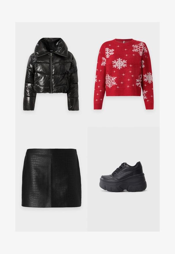 Chaqueta puffer negra con un acabado brillante, diseño cropped, amplio cuello, cierre de cremallera y textura estampada. Incluye un bolsillo con cierre de cremallera como detalle.; Suéter rojo con cuello redondeado, decorado con copos de nieve blancos y acentos brillantes. Puños y dobladillo acanalados, diseño corto.; Mini falda de piel sintética negra con un patrón de cocodrilo texturizado, que presenta un acabado suave y una forma entallada sin herrajes visibles.; Zapatillas negras con cordones y suela gruesa, con parte superior de cuero suave, punta redondeada y un diseño de plataforma en capas distintivo.