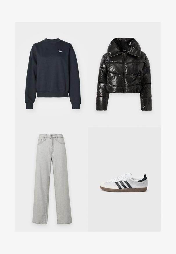 Musthave mustakate puffer-jakk, läikiva viimistlusega, lühikese lõikega, laia kraega, lukuga sulepehmendus ja mustriga tekstuur. Rõhutatult on lisatud lukuga tasku.; Tumehall hallide käeaukudega dress, mis on valmistatud puuvillasegistusega kangast. Omab ribatrepid kaelas ja mansetides, ning rinna peal on väike valge logo.; Heled hallid lai jalad teksad, mis on valmistatud denimist, kõrge vöökohaga, eespooltaskute ja tavapärase nuppu ja tõmbluku sulgemisega.; Valged võrgust tennised mustade triipude, beežide seemisnahast varbakatte ja kannaaktsendiga, tekstureeritud kummist tallaga ja valgete paeltega. Klassikalise madala lõikega disain.