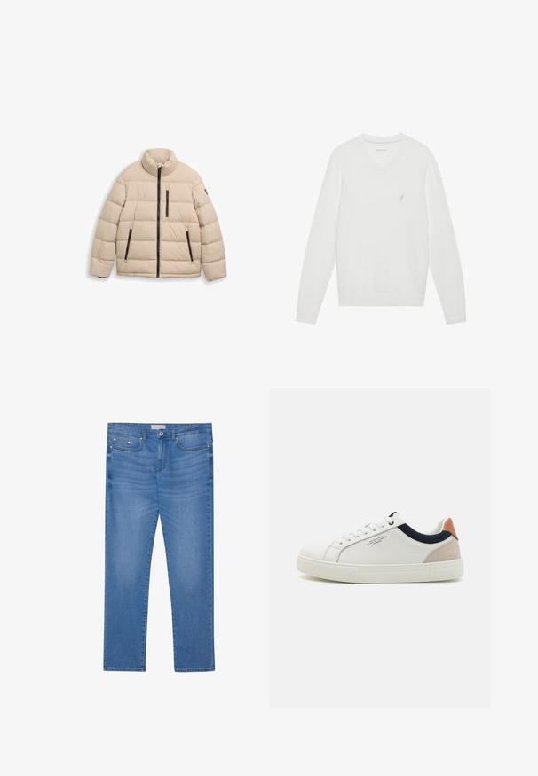 TOM TAILOR SPORTY PUFFER - Zimná bunda - light cashmere; Biely sveter s výstrihom do V vyrobený z jemnej látky, s dlhými rukávmi a malým vyšitým logom na ľavej hrudi. Hladká textúra, klasický dizajn.; Svetlomodré džínsy s rovnou nohavicou, dizajnom s piatimi vreckami, jemným vyblednutím a kovovými akcentmi na páse a vreckách.; Biele kožené tenisky s nízkym strihom, námorníckym modrým textilným detailom na golieri a svetloružovým semišovým zadným pultom. Gumová podrážka.