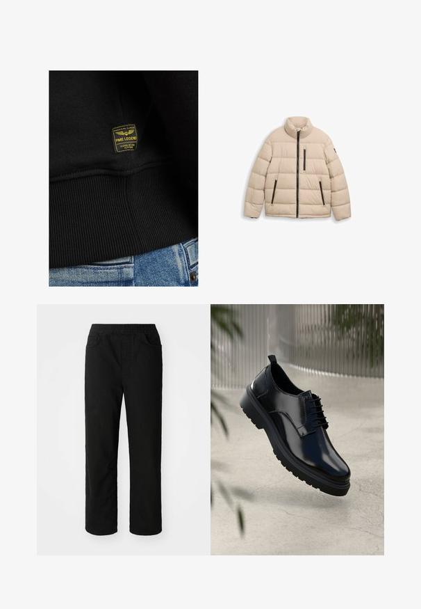 TOM TAILOR SPORTY PUFFER - Χειμωνιάτικο μπουφάν - light cashmere; Μαύρο φούτερ με ριμπ τελείωμα και κίτρινη και μαύρη ετικέτα που γράφει "PME LEGEND", ραμμένη στο ύφασμα. Υλικό από υφαντό βαμβάκι.; Μαύρο βαμβακερό παντελόνι με χαλαρή εφαρμογή, ελαστική μέση, δύο εμπρός τσέπες και ίσια πόδια. Λείος υφασμάτινος ιστός χωρίς ορατά σχέδια.; Μαύρο δερμάτινο παπούτσι με γυαλιστερή φινέτσα, στρογγυλή μύτη, σχέδιο με κορδόνια, αντίθετη ραφή και παχιά καπάκια από καουτσούκ με σχέδια πρόσφυσης.