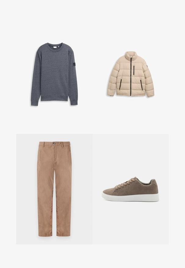 TOM TAILOR SPORTY PUFFER - Winterjacke - light cashmere; Grauer Langarm-Sweatshirt aus strukturiertem Stoff mit Rundhalsausschnitt und gerippten Bündchen. Verfügt über ein minimalistisches Design ohne Verzierungen.; TOM TAILOR REGULAR WASHED - Chino - caribou beige; Braune Wildledersneaker mit flachen weißen Gummisohlen, Schnürdesign, abgerundete Zehen und einer glatten Textur. Minimalistischer Stil mit dezenten Nähdetails.