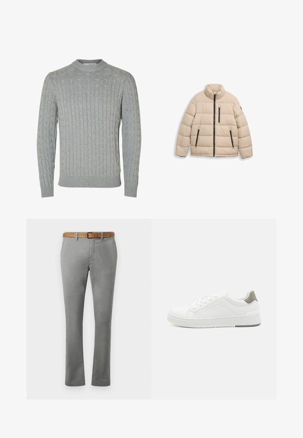 TOM TAILOR SPORTY PUFFER - Chaqueta de invierno - light cashmere; Suéter de punto gris claro con diseño de cable, cuello redondo y puños y dobladillo acanalados. Hecho de tela suave y texturizada.; Chinos de algodón gris con corte recto, con bolsillos frontales inclinados y un cinturón de cuero marrón. Textura suave con detalles mínimos.; Zapatilla blanca con material de cuero liso, punta redonda, diseño minimalista, acento gris en el talón y suela de goma texturizada.