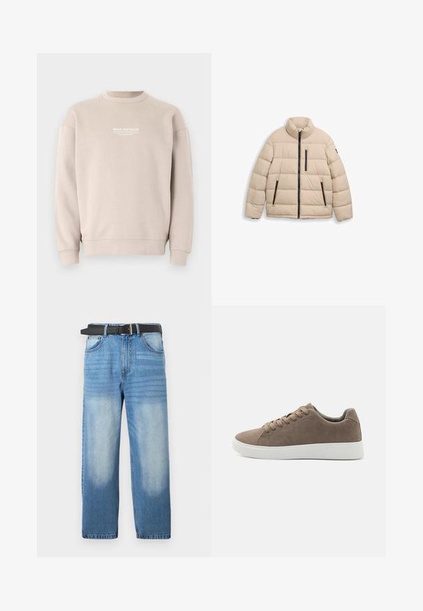 TOM TAILOR SPORTY PUFFER - Winterjas - light cashmere; Beige sweatshirt gemaakt van zachte stof met een ronde hals. Voorzien van witte tekstlogo op de borst en ribgebreide manchetten en zoom.; Lichtblauwe denim jeans met een rechte pijp, voorzien van een zwarte riem, vervaagde vlekken en subtiele diagonale textuur op het bovenste gedeelte.; Bruine suède sneakers met platte witte rubberen zolen, vetersluiting, ronde neus en een gladde textuur. Minimalistische stijl met subtiele stikdetails.