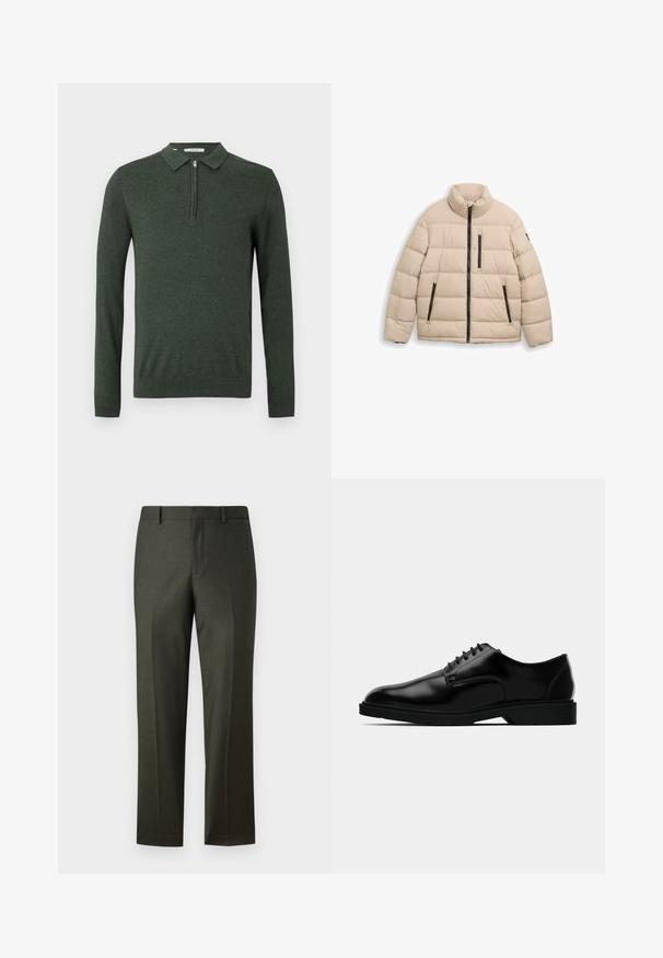 TOM TAILOR SPORTY PUFFER - Veste d'hiver - light cashmere; Sweater polo à manches longues vert foncé, avec une fermeture éclair quart et des poignets et un ourlet côtelés, présenté sur un fond clair et uni.; Pantalon ajusté vert foncé avec une texture lisse, coupe droite, passants de ceinture et plis à l'avant. Pas de poches visibles ni d'ornements.; Chaussure habillée en cuir noir avec une finition lisse, bout rond, système de laçage, et semelle en caoutchouc discrète pour une meilleure traction.