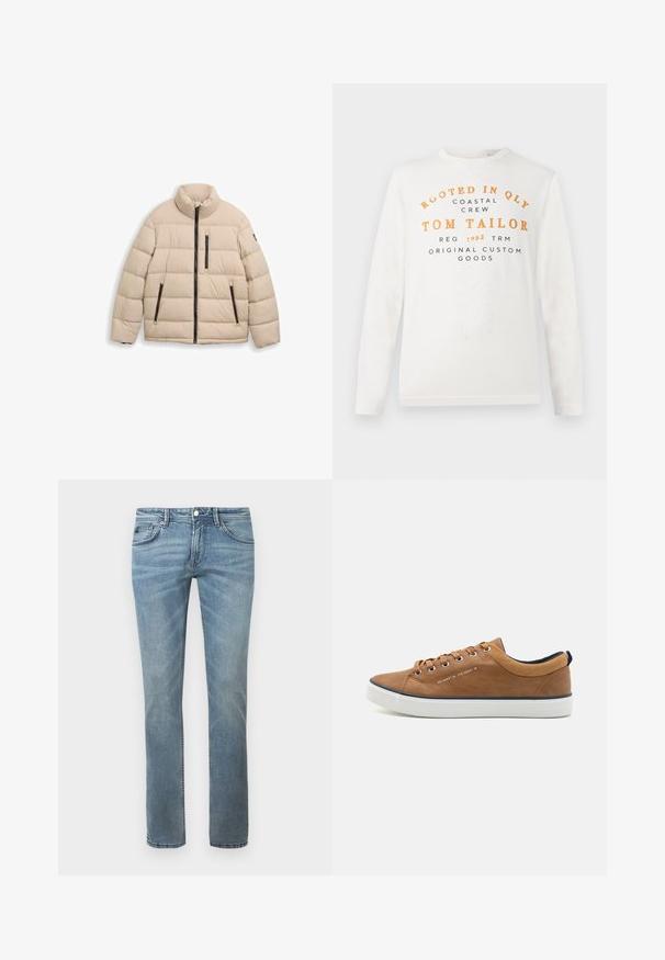 TOM TAILOR SPORTY PUFFER - Talvejope - light cashmere; Valge pika varrukaga särk, mille ees on oranž ja must tekst "Rooted in QLY Coastal Crew Tom Tailor Reg 1962 TRM Original Custom Goods".; Heledad sinise värvi teksad sirge lõikega, valmistatud denimist. Omadusteks on tavalised taskud, vööloopide ja peen hõõrdumine.; Pruunid nahast tossud ümarate varvastega, valge tallaga ja tumesiniste aktsentidega. Omavad metallist silmadega ja tekstureeritud kaelakaunistust.