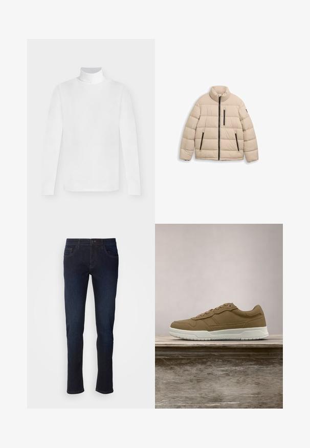 TOM TAILOR SPORTY PUFFER - Winterjas - light cashmere; Wit shirt met lange mouwen en coltrui met een getailleerde pasvorm, weergegeven tegen een effen lichtgrijze achtergrond.; Donkerblauwe denim jeans met een rechte pijp, voorzien van voorzakken, een ritssluiting en subtiele stikdetails.; Bruine sneaker met witte zool die boven een houten bank zweeft, met gras en hoge planten op de vervaagde achtergrond.