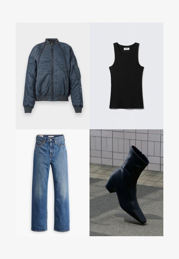 Veste bomber bleu marine avec une fermeture éclair à l'avant, des poignets et un ourlet élastiques, et une poche sur le côté. Fabriquée à partir d'un matériau léger et brillant.; Débardeur noir en coton, avec un col rond et des bretelles étroites. Design simple, sans motifs ni accents visibles.; Jean en denim bleu clair avec une taille haute, une coupe à jambes larges, un style classique à cinq poches et un léger délavage sur le tissu.; Botte noire en cuir avec talon bloc, posée sur une surface en asphalte texturée près d'un mur carrelé.