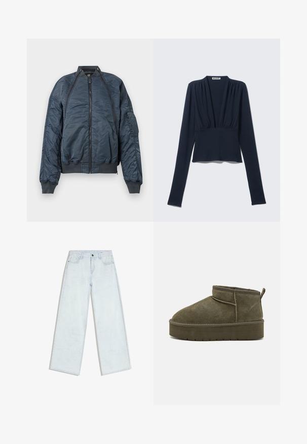Marineblauwe bomberjack met een ritssluiting aan de voorkant, elastische manchetten en zoom, en een zijzak. Gemaakt van een glanzend, lichtgewicht materiaal.; Donkerblauw longsleeve met diepe V-hals, geplooide schouders en een aangesloten lijfje met een licht uitlopende zoom. Gemaakt van zacht materiaal.; Lichtblauwe wijde jeans met knopen en rits aan de voorkant, riemlussen en stijl met vijf zakken, plat gelegd op een witte achtergrond.; Olijfgroene suède enkellaarzen met een ronde teen, gestikte details en een dikke zool met een gestructureerd patroon. Kleine trekband aan de achterkant.