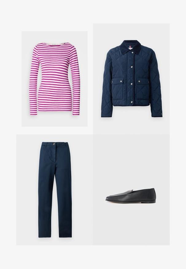 Marineblå quilted jakke med kordfløjlskrave og trykknaplukning. Har to frontlommer og diskrete stikninger overalt.; Langærmet T-shirt med en tætsiddende pasform, lavet af blødt bomuld. Har vandrette lyserøde og hvide striber samt en bred rund halsudskæring.; Marineblå bomuldsbukser med flad front, lynlås- og knaplukning, sidelommer og lige ben. Glat tekstur uden mønstre.; Sorte læderloafers med en glat tekstur, rundet tå og subtile syningsdetaljer. Har en guldfarvet logoaccent på oversiden.