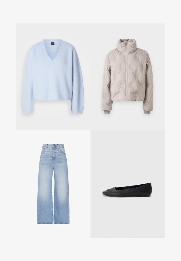 Veste matelassée gris clair avec col montant, fermeture éclair à l'avant et poignets côtelés. Présente des motifs de logo embossés subtils sur le tissu.; Pull en tricot cropped bleu clair avec un décolleté en V et des manches longues, présentant une texture douce et un minimum de détails de coutures.; Jean large taille haute bleu clair avec fermeture à boutons et zip à l'avant, poches avant et arrière, et léger détail usé sur la poche droite.; Ballerine en cuir noir avec une texture lisse, bout arrondi et décoration subtile à l'avant. Talon plat et bas.