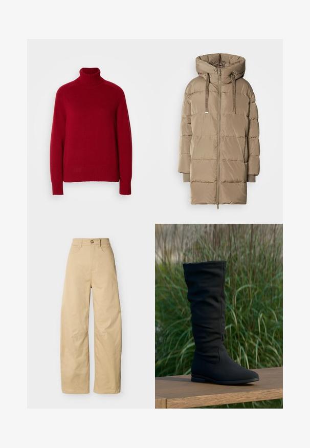 Gepolsterter Kapuzenmantel in Hellbeige mit einem Frontreißverschluss und verstellbarem Kordelzug. Verfügt über ein gestepptes Design in Segmente und gerippte Bündchen.; Roter Rollkragenpullover mit gerippten Bündchen und Saum, aus einem weichen Strickmaterial hergestellt, mit einem lässigen Schnitt und deutlichen Nahtlinien.; Beige Hosen mit weitem Bein, hoher Taille, Knopf- und Reißverschluss, vorderen Taschen und geradem Saum, präsentiert auf einem einfarbigen Hintergrund.; Schwarzer kniehoher Stiefel aus weichem Stoff mit schlabberndem Design, spitz zulaufender Schuhspitze und flacher Sohle, vor einem grasbewachsenen Hintergrund.