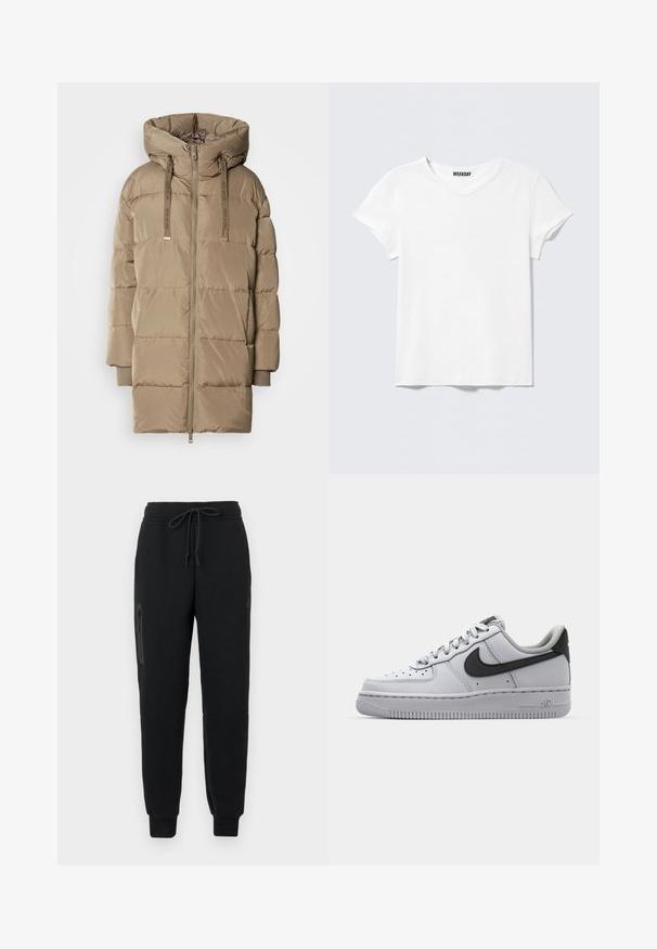 Manteau matelassé à capuche en beige clair avec une fermeture éclair à l'avant et un cordon de serrage ajustable. Présente un design matelassé en sections et des poignets côtelés.; T-shirt blanc uni à manches courtes avec col en V et une petite étiquette "WEEKDAY" à l'intérieur du col, présenté sur un fond gris clair.; Pantalons de sport noirs avec un cordon de serrage à la taille, poche latérale zippée et bas resserrés. Fabriqués en tissu doux et texturé.; Sneaker en cuir blanc avec accents gris, bout rond, surface texturée, col rembourré et logo swoosh noir contrastant. Semelle avec coussin d'air.