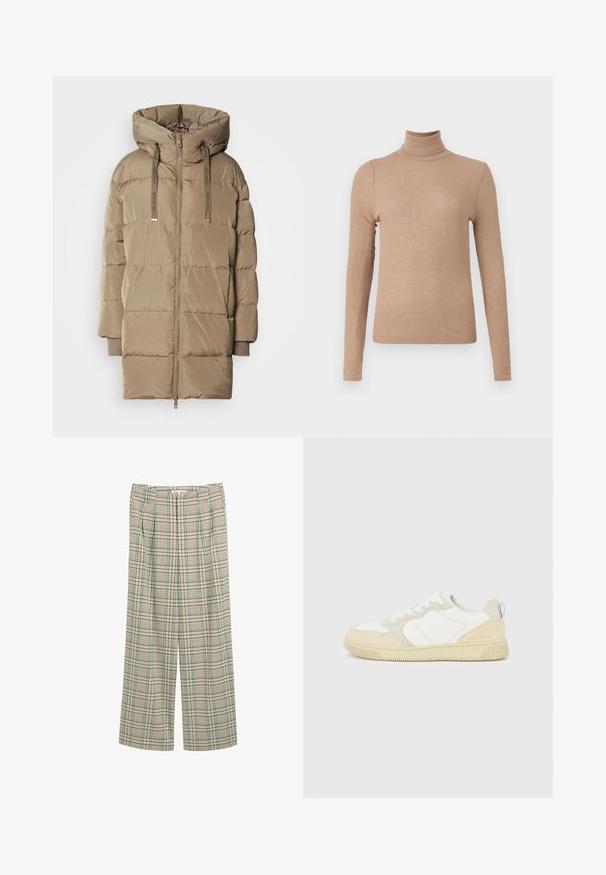 Pudret hættejakke i lys beige med frontlynlås og justerbar snøre. Har sektioneret quilt-design og ribstrikkede manchetter.; Beige turtleneck sweater lavet af ribbet stof, med lange ærmer og en tætsiddende pasform. Ingen synlige mønstre eller accenter.; Bredde bukser i et beige ternet mønster med grønne og marineblå accenter, med frontklapper og en struktureret overflade.; Hvid og beige sneaker med en overdel i ruskind og tekstil, med kontrastsyninger, en gummisål og en lyseblå detalje på hælen.