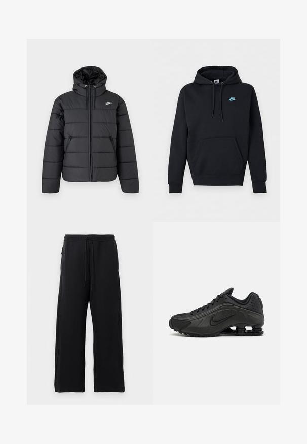 Chaqueta acolchada negra Nike con capucha, cierre frontal, dos bolsillos laterales con cremallera y logo blanco de Nike en el pecho.; Sudadera con capucha negra Nike con bolsillo canguro delantero, capucha con cordón y pequeño logo azul de Nike en el pecho izquierdo.; Pantalones de chándal negros hechos de una tela suave, con cintura elástica ajustable, diseño de pierna ancha y bolsillos laterales con una textura lisa.; Zapatillas de running negras con un upper sintético liso, detalles perforados, paneles laterales texturizados y una suela distintiva y elástica.