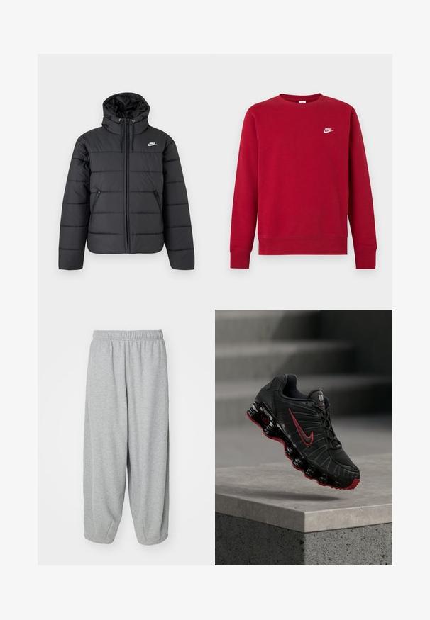 Veste matelassée noire Nike avec capuche, fermeture éclair à l'avant, deux poches latérales zippées et logo Nike blanc sur la poitrine.; Sweat-shirt rouge à manches longues avec col ras-du-cou, petit logo blanc Nike en haut à gauche de la poitrine, design simple, poignets et ourlet côtelés.; Pantalons de jogging gris clair, amples et fabriqués en tissu doux. Taille élastique et poignets aux chevilles. Design simple et sans ornements.; Chaussure de sport Nike noire et rouge avec une semelle visible en forme de ressort, en équilibre sur le bord d’une marche en béton.