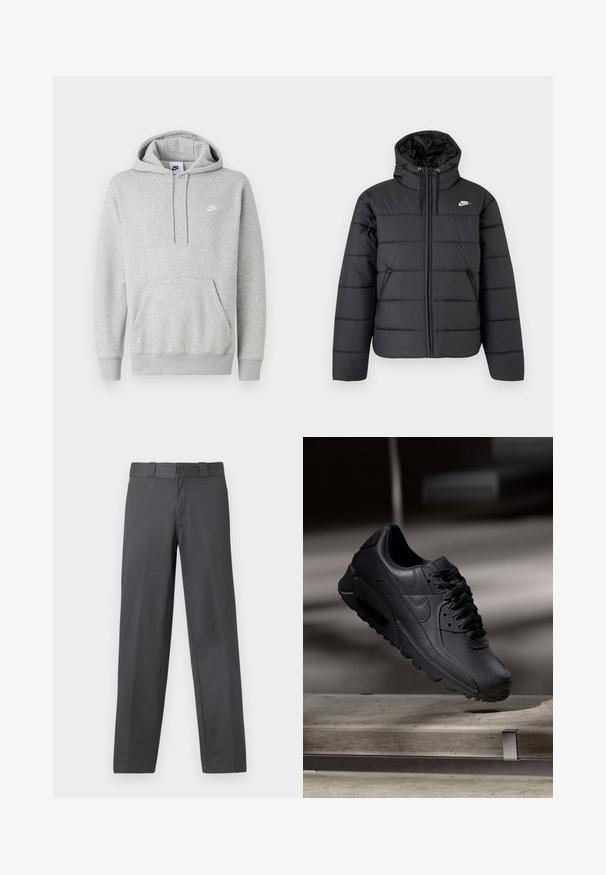 Musta tikattu Nike-toppatakki hupulla, etuvetoketjulla, kahdella sivuvetoketjutaskulla ja valkoisella Nike-logolla rinnassa.; Vaaleanharmaa huppari, joka on valmistettu pehmeästä kankaasta. Siinä on kengurun tasku, kiristysnauhallinen huppu ja pieni valkoinen logo rinnassa.; Harmaat housut sileästä kankaasta, suoran lahkeen muotoilu, nappisulku ja vyölenkit; minimaalinen saumaus eikä kuvioita.; Mustat Nike Air Max -lenkkarit, joissa on teksturoidusta nahasta valmistettu päällinen, kumipohja ja näyttävä nauhoitusjärjestelmä, joka korostaa tyylikästä ja modernia muotoilua.