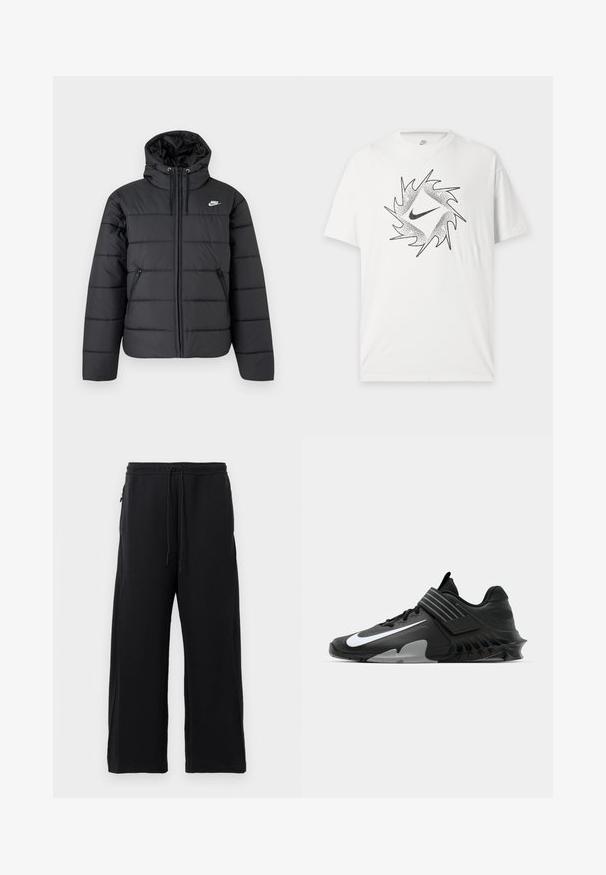 Zwarte gewatteerde Nike pufferjas met capuchon, ritssluiting aan de voorkant, twee ritssluitzakken aan de zijkant en wit Nike-logo op de borst.; Wit Nike T-shirt met korte mouwen met een zwart abstract cirkelontwerp en centraal Nike swoosh-logo aan de voorkant.; Zwarte joggingbroek van zacht materiaal, met een verstelbare tailleband, een wijdere broekspijpenontwerp en zijzakken met een gladde textuur.; Zwarte sportchoenen met een slank ontwerp, voorzien van een opvallend wit Nike-logo, textuur overlays en een onderscheidende gemodelleerde zool.