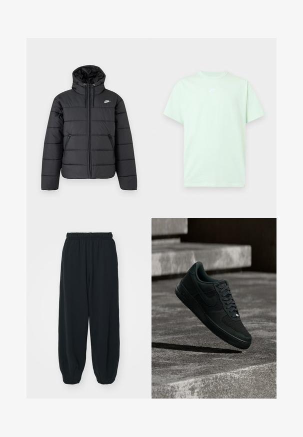 Zwarte gewatteerde Nike pufferjas met capuchon, ritssluiting aan de voorkant, twee ritssluitzakken aan de zijkant en wit Nike-logo op de borst.; Lichtgroen Nike T-shirt met korte mouwen, een ronde hals en een klein wit logo in het midden van de borst tegen een effen achtergrond.; Zwarte, elastiche sweatpants met een losse pasvorm, manchetten aan de enkels, een zachte textuur en zonder zichtbare patronen of hardwareaccenten.; Zwarte Nike Air Force 1 sneaker met mesh- en lederen details, die boven getextureerde betonnen treden zweeft bij weinig licht.