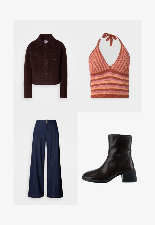 Burgunderfarbene verkürzte Jacke aus Wollmischung mit Kragen, Knopfverschluss, zwei Brusttaschen und dezenter Markenstickerei.; Gestricktes Neckholder-Top mit gerippter Struktur in braunen, pinken und orangen Streifen und Chevron-Mustern, am Hals gebunden.; Weit geschnittene Jeans aus dunklem Denim mit kontrastierenden orangefarbenen Nähten, zwei Fronttaschen und einem Doppelknopfverschluss am Bund.; Vagabond ANSIE - Stiefelette - braun