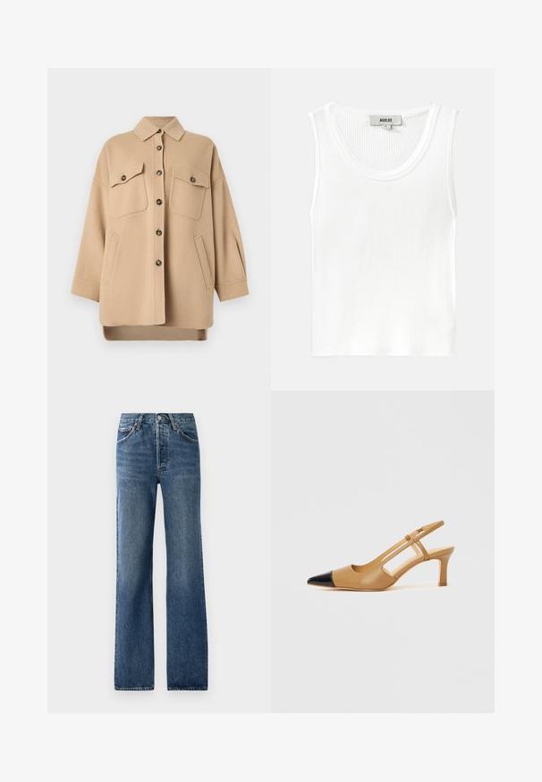 Veste en laine beige à manches longues, deux poches poitrine avec rabats à boutons, deux poches latérales, fermeture boutonnée sur le devant et col.; Débardeur blanc à côtelés avec un décolleté arrondi et de larges bretelles, arborant une étiquette portant la mention "AGOLDE" et la taille "S".; Jean en denim bleu avec une coupe droite, comportant cinq poches, un bouton de fermeture et des effets de décoloration légers avec un léger frottement.; Escarpins slingback couleur fauve avec embout pointu noir, côtés découpés et talon bloc de hauteur moyenne. Matière en cuir lisse.