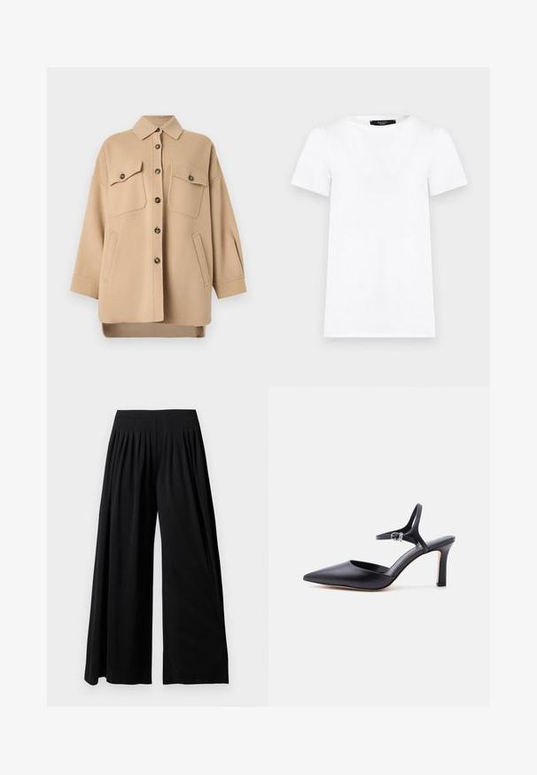 Veste en laine beige à manches longues, deux poches poitrine avec rabats à boutons, deux poches latérales, fermeture boutonnée sur le devant et col.; T-shirt blanc uni à manches courtes, col rond, coupe droite avec une petite étiquette noire à l'intérieur du col.; Pantalon noir à jambes larges, taille haute avec des plis sur le devant, présenté sur un fond blanc uni.; Escarpin noir à bout pointu avec fine bride à la cheville et boucle argentée, finition en cuir lisse, chaussure élégante pour femme.
