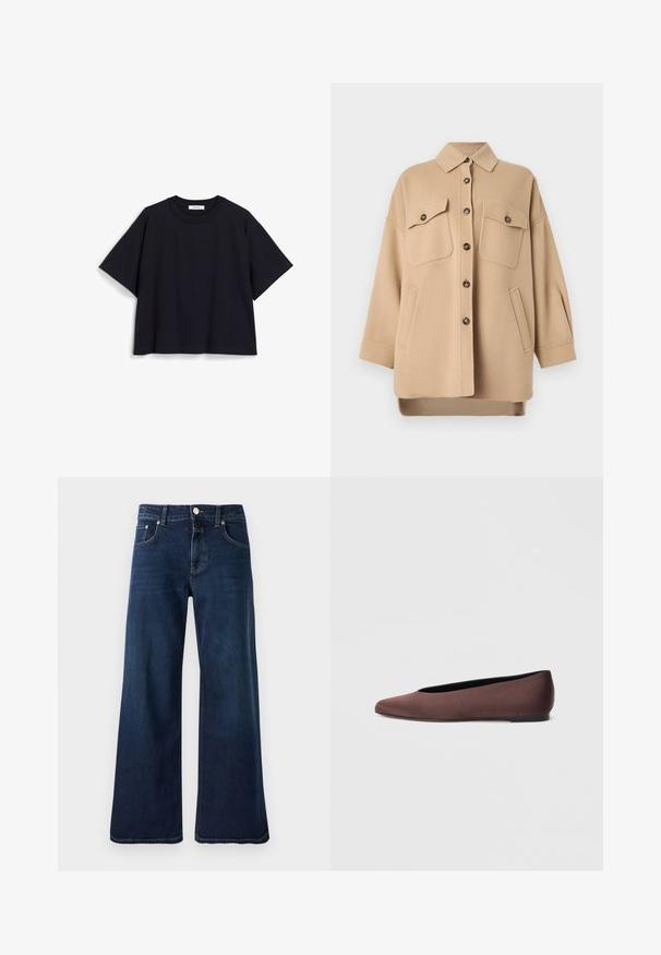 Beige uldjakke med lange ærmer, to brystlommer med knaplem, to sidelommer, knaplukning foran og krave.; Mørkeblå kortærmet t-shirt lavet af blød bomuld, med en afslappet pasform, rund halsudskæring og minimalistisk design. Ingen synlige mønstre eller accenter.; Højttaljede mørkeblå jeans med vidde ben, forreste knapper og lynlås, for- og baglommer samt bæltestropper.; Brune balletflade sko i stof med spids tå og glat tekstur, med lav hælkappe og tynd sort sål. Ingen synlige mønstre eller beslag.