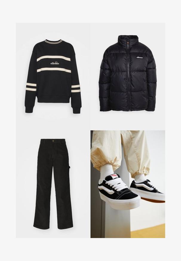 Doudoune noire matelassée avec col monté, fermeture éclair frontale et détail de logo embossé. Fabriquée à partir d'un tissu lisse et brillant avec un design matelassé.; Sweatshirt noir avec deux rayures crème horizontales, col côtelé et logo au centre. Les poignets ont également des détails de rayures similaires.; Pantalon en velours côtelé noir avec une coupe droite, doté d'une fermeture à bouton et de poches latérales. Texture lisse avec de fines rayures verticales.; Personne portant des baskets Vans noires et blanches avec des lacets blancs, des chaussettes blanches et un pantalon beige avec des poignets élastiques.