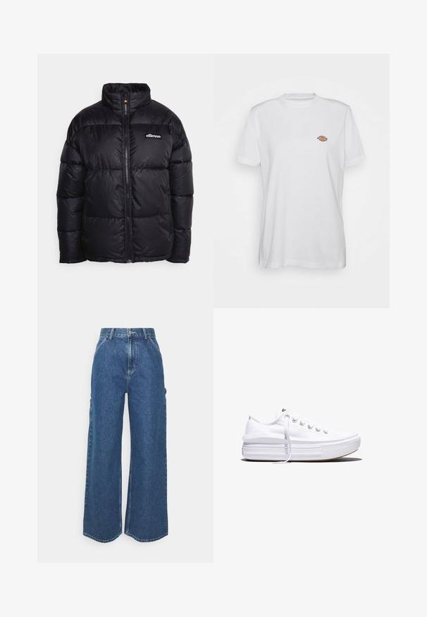 Sort polstret pufferjakke med høj krave, lynlås foran og prægede logo-detaljer. Fremstillet af glat, shiny stof med et quiltet design.; Hvid bomulds t-shirt med rund hals og korte ærmer, med et lille, farverigt "Diesel" logo broderet på brystet.; Bredde ben blå denimbukser med høj talje, kontrastsyede sømme og sidelommer, med et klassisk fem-lomme design og rå kanter.; Hvid lavt snørestøvle med tyk plateau-sål, snørelukning foran og gummiforstærket tåkap, set i sideprofil.