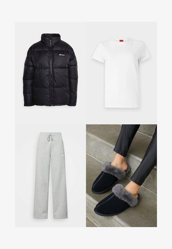Must eriline paks puffer-jakk kõrge kraega, ees lukuga ja reljeefse logoga detailiga. Valmistatud siledast, läikivast kangast, millel on tikandiga muster.; Valge lühikeste varrukatega T-särk, mis on valmistatud kergest puuvillast. Omab ümmargust kaelust ja rullitud varrukaid. Kaelusel on punane logo sildike.; Hallide higi värvi spordipüksid, elastse vöökoht ja paelaga detail, millel on vasakul reiel väike valge Nike logo. Pehme kangas, laiem lõige.; Mustast suede'ist pehmed sussid halli kunstkarvane äärisega, ümarad ninad ja kontrastõmblused. Pehme tekstuur ja libisemisega disain mugavaks kandmiseks.