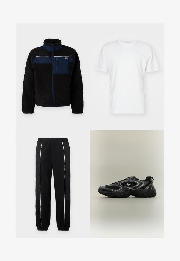Veste en polaire noire avec des accents navy, col haut, poche poitrine zippée et passepoil blanc sur la poitrine. Tissu texturé et chaud.; T-shirt en coton blanc à manches courtes, encolure ronde et texture lisse. Design simple sans motifs ni graphiques.; Pantalons de survêtement noirs avec des rayures blanches sur les côtés, taille élastique et poignets. Fabriqué à partir d'un tissu doux et texturé pour le confort et la flexibilité.; Baskets de sport noires et grises avec des panneaux en mesh, un design à lacets, une semelle épaisse et un petit logo de crocodile sur le côté.