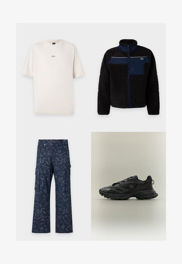 Schwarze Fleecejacke mit marineblauen Akzenten, hohem Kragen, Reißverschluss-Brusttasche und weißen Paspeln über der Brust. Strukturiert, warmes Material.; Oakley RISE TEE - T-Shirt basic - mist; Sean John SCRIPT LOGO CAMOUFLAGE - Cargohose - blue; Schwarzer Sportschuh mit strukturiertem Obermaterial, eleganten Linien, Schnürverschluss und Gummilaufsohle mit Traktionsspikes. Prägung des Logodesigns.