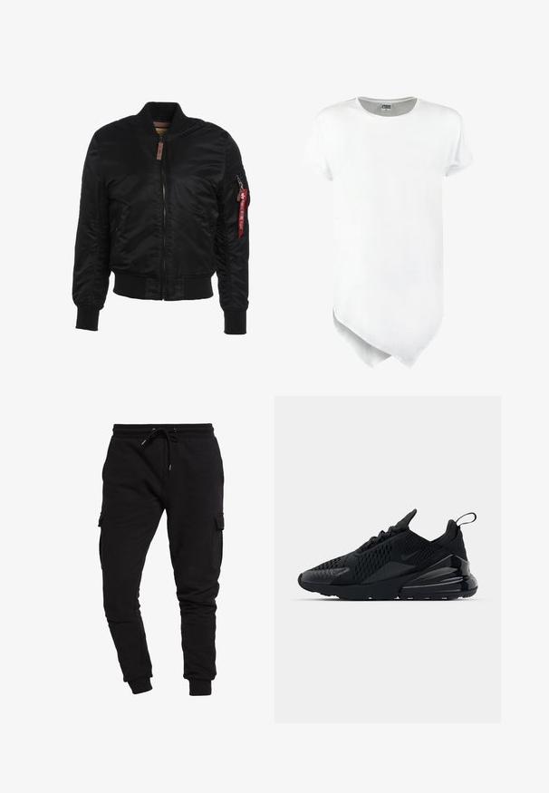 Schwarze Bomberjacke mit glattem Nylon-Außenmaterial, gerippten Bündchen und Saum sowie einem Frontreißverschluss. Verfügt über eine Seitentasche und ein rotes Stoffetikett.; Kurzärmliges weißes T-Shirt mit Rundhalsausschnitt und asymmetrischem Saum, aus einem Baumwollmischgewebe mit glatter Textur.; Schwarze Baumwoll-Jogginghose mit schmalem Schnitt, Kordelzugbund und seitlichen Cargo-Taschen. Glatte Textur und elastische Bündchen an den Knöcheln.; Schwarzer Nike Air Max 270 Sneaker mit strukturiertem Obermaterial, Mesh-Einsätzen und einer glänzenden Ferse mit einer auffälligen Luftpolsterungseinheit.