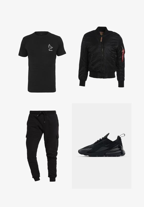 Sort bomberjakke med en glat nylonoverflade, ribbet ved håndleddene og kanten, og en frontlynlås. Har en sidelomme og et rødt stofmærke.; Sort bomuld t-shirt med rund halsudskæring, korte ærmer og hvid grafik af et croissant med teksten "Paris" nedenunder.; Sorte bomuldsjoggers med en tapered fit, snoretræk i taljen og sidelommer. Glat tekstur og elastiske manchetter ved anklerne.; Sorte Nike Air Max 270 sneakers med en struktureret overdel, mesh-paneler og en blank hæl med en fremtrædende luftdæmpningsenhed.