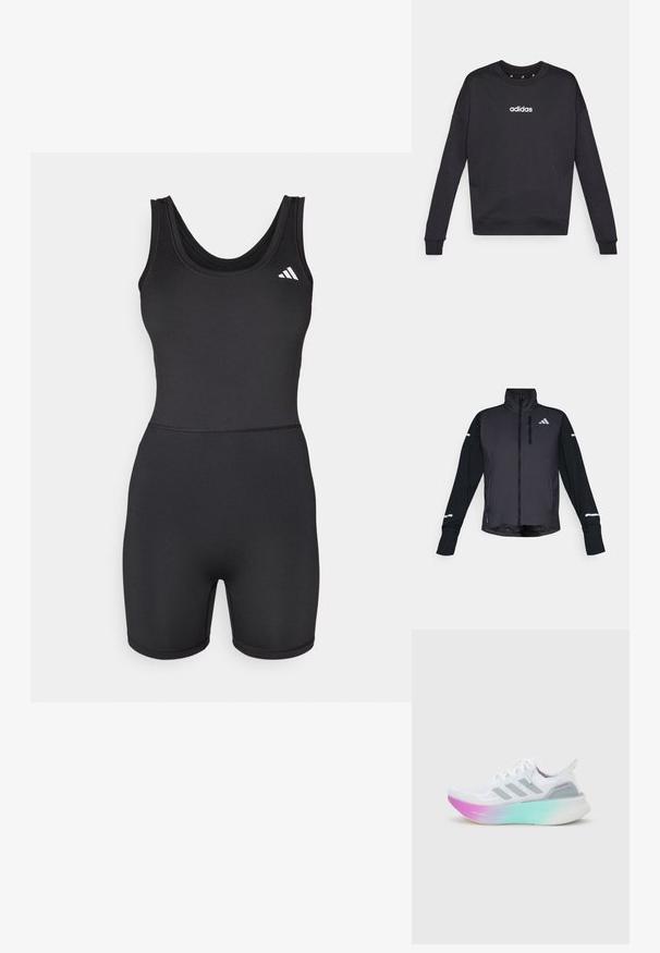 Veste de sport noire avec un col haut, une fermeture éclair à l'avant et des manches longues. Présente un panneau avant brillant, des manches mates contrastantes et des accents réfléchissants.; Bodysuit de sport noir avec un design ajusté, sans manches et jambes courtes. Présente un col rond et un accent logo blanc sur la poitrine.; Sweatshirt noir Adidas à manches longues, col rond et logo blanc sur la poitrine. Fabriqué en tissu doux avec des poignets et un ourlet côtelés.; Chaussure de course Adidas blanche avec des bandes grises et une semelle épaisse passant du rose au vert, arborant les textes "Lightboost" et "Ultraboost".